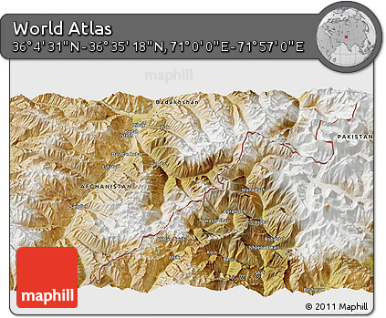 Satellite 3D Map of the Area around 36° 19' 55" N, 71° 28' 29" E