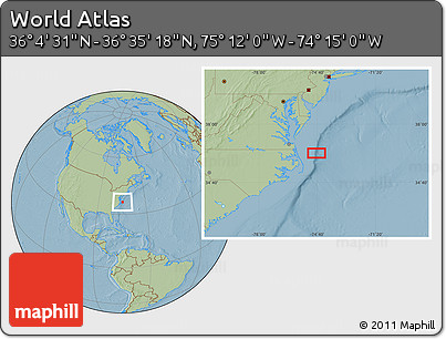 Savanna Style Location Map of the Area around 36° 19' 55" N, 74° 43' 29" W, hill shading
