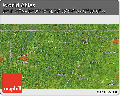 Satellite 3D Map of the Area around 36° 19' 55" N, 78° 7' 30" W