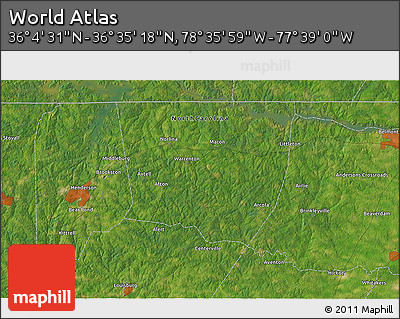 Satellite 3D Map of the Area around 36° 19' 55" N, 78° 7' 30" W