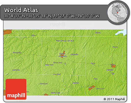 Physical 3D Map of the Area around 36° 19' 55" N, 78° 58' 29" W