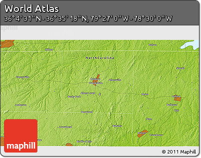 Physical 3D Map of the Area around 36° 19' 55" N, 78° 58' 29" W
