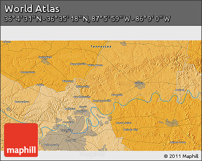 Political 3D Map of the Area around 36° 19' 55" N, 86° 37' 30" W