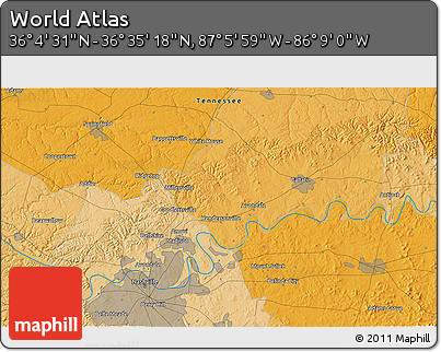 Political 3D Map of the Area around 36° 19' 55" N, 86° 37' 30" W