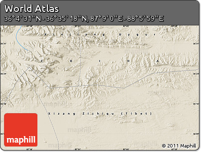 Shaded Relief Map of the Area around 36° 19' 55" N, 87° 37' 30" E