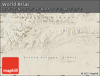 Shaded Relief Map of the Area around 36° 19' 55" N, 87° 37' 30" E