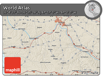 Shaded Relief Map of the Area around 36° 19' 55" N, 87° 28' 29" W