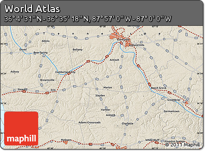 Shaded Relief Map of the Area around 36° 19' 55" N, 87° 28' 29" W