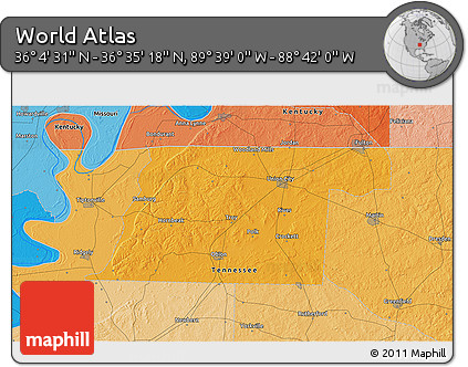 Political 3D Map of the Area around 36° 19' 55" N, 89° 10' 30" W