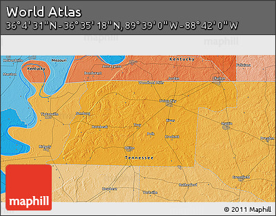 Political 3D Map of the Area around 36° 19' 55" N, 89° 10' 30" W
