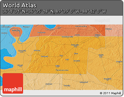 Political 3D Map of the Area around 36° 19' 55" N, 89° 10' 30" W