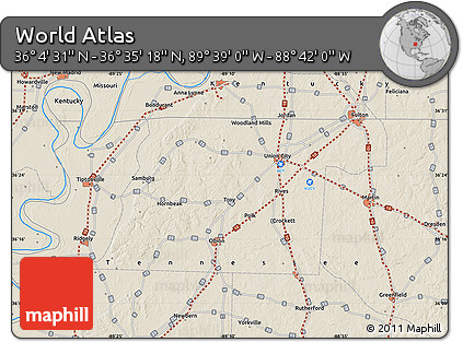 Shaded Relief Map of the Area around 36° 19' 55" N, 89° 10' 30" W