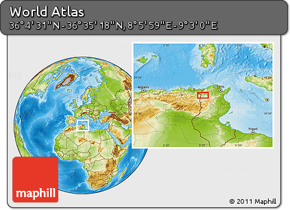 Physical Location Map of the Area around 36° 19' 55" N, 8° 34' 29" E
