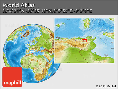Physical Location Map of the Area around 36° 19' 55" N, 8° 34' 29" E