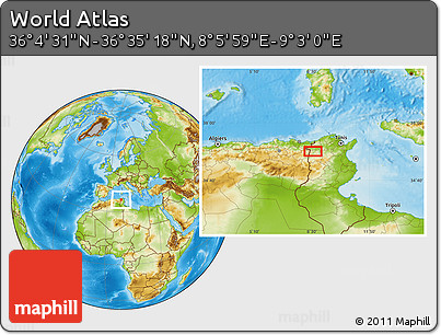 Physical Location Map of the Area around 36° 19' 55" N, 8° 34' 29" E
