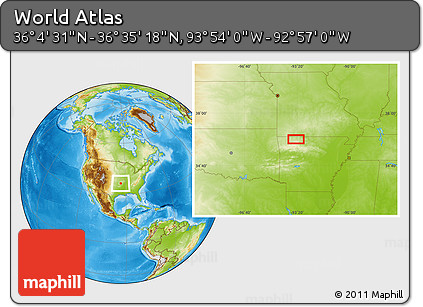Physical Location Map of the Area around 36° 19' 55" N, 93° 25' 30" W