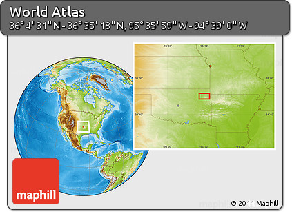 Physical Location Map of the Area around 36° 19' 55" N, 95° 7' 30" W