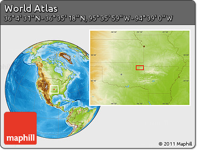Physical Location Map of the Area around 36° 19' 55" N, 95° 7' 30" W