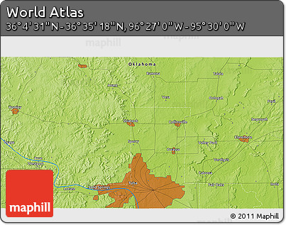 Physical 3D Map of the Area around 36° 19' 55" N, 95° 58' 29" W