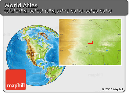 Physical Location Map of the Area around 36° 19' 55" N, 96° 49' 29" W