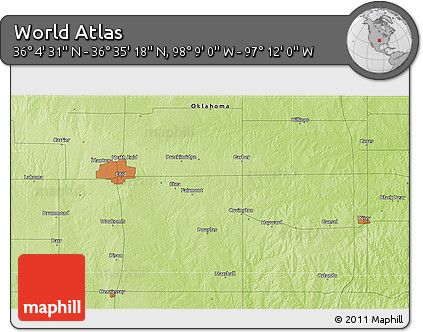 Physical 3D Map of the Area around 36° 19' 55" N, 97° 40' 30" W