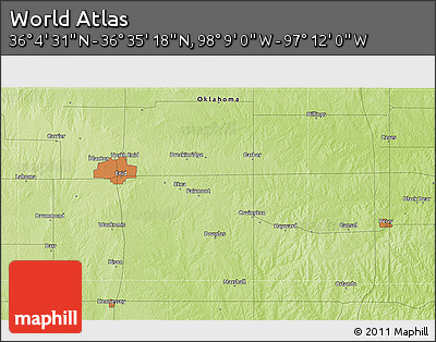 Physical 3D Map of the Area around 36° 19' 55" N, 97° 40' 30" W