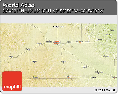 Physical 3D Map of the Area around 36° 19' 55" N, 99° 22' 30" W
