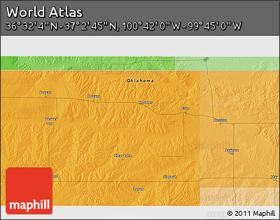 Political 3D Map of the Area around 36° 47' 25" N, 100° 13' 29" W