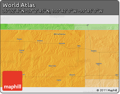 Political 3D Map of the Area around 36° 47' 25" N, 100° 13' 29" W