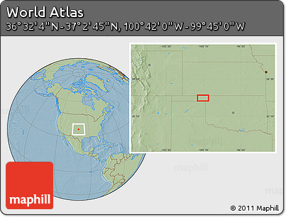 Savanna Style Location Map of the Area around 36° 47' 25" N, 100° 13' 29" W, hill shading