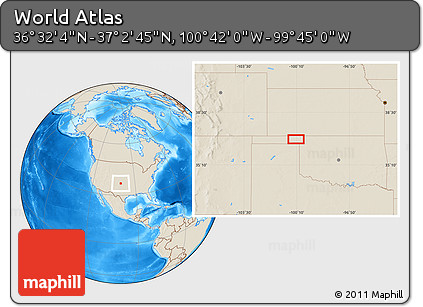 Shaded Relief Location Map of the Area around 36° 47' 25" N, 100° 13' 29" W