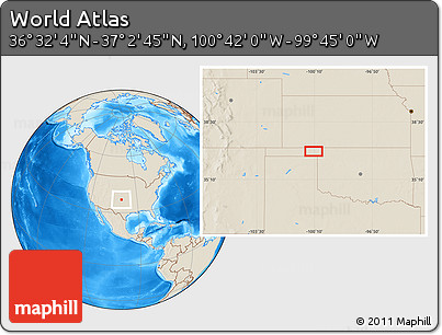 Shaded Relief Location Map of the Area around 36° 47' 25" N, 100° 13' 29" W