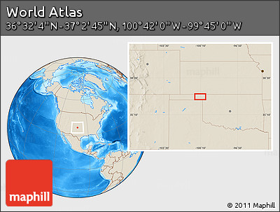 Shaded Relief Location Map of the Area around 36° 47' 25" N, 100° 13' 29" W