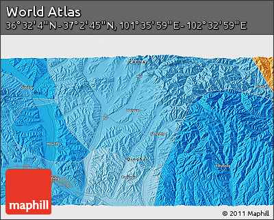 Political 3D Map of the Area around 36° 47' 25" N, 102° 4' 29" E