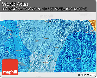 Political 3D Map of the Area around 36° 47' 25" N, 102° 4' 29" E