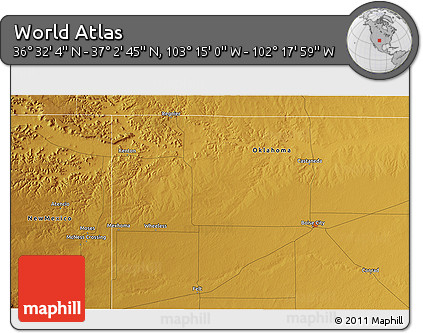 Physical 3D Map of the Area around 36° 47' 25" N, 102° 46' 30" W
