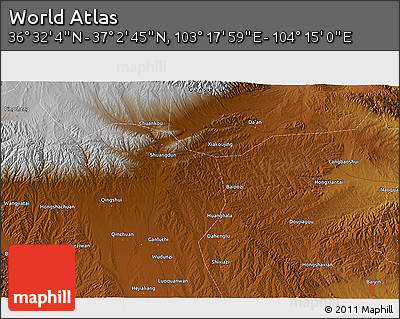 Physical 3D Map of the Area around 36° 47' 25" N, 103° 46' 30" E