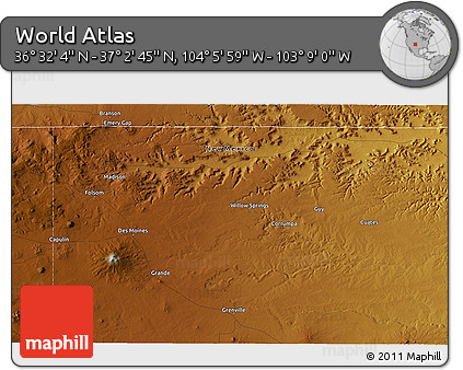 Physical 3D Map of the Area around 36° 47' 25" N, 103° 37' 30" W