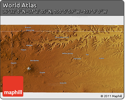Physical 3D Map of the Area around 36° 47' 25" N, 103° 37' 30" W