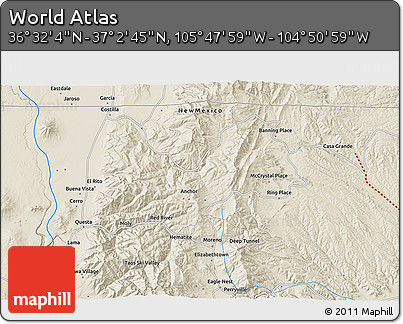 Shaded Relief 3D Map of the Area around 36° 47' 25" N, 105° 19' 29" W
