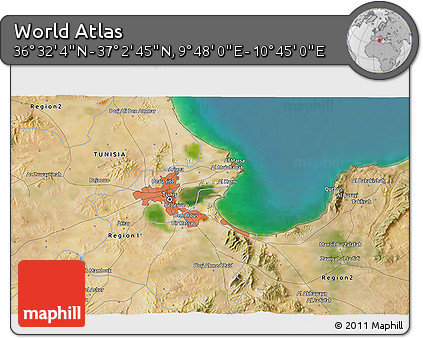 Satellite 3D Map of the Area around 36° 47' 25" N, 10° 16' 30" E