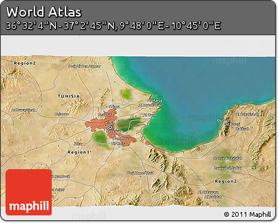 Satellite 3D Map of the Area around 36° 47' 25" N, 10° 16' 30" E