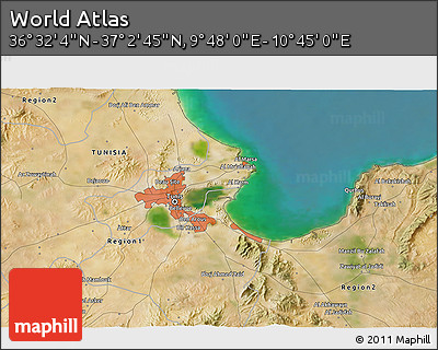Satellite 3D Map of the Area around 36° 47' 25" N, 10° 16' 30" E