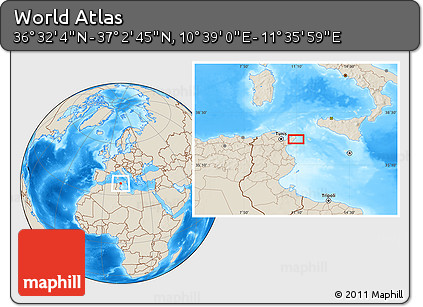 Shaded Relief Location Map of the Area around 36° 47' 25" N, 11° 7' 30" E