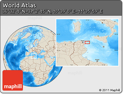 Shaded Relief Location Map of the Area around 36° 47' 25" N, 11° 7' 30" E