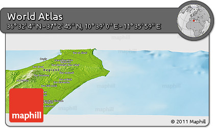 Physical Panoramic Map of the Area around 36° 47' 25" N, 11° 7' 30" E