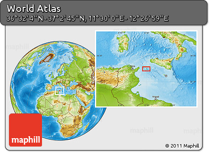 Physical Location Map of the Area around 36° 47' 25" N, 11° 58' 29" E