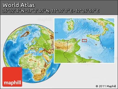 Physical Location Map of the Area around 36° 47' 25" N, 11° 58' 29" E