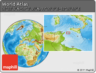 Physical Location Map of the Area around 36° 47' 25" N, 11° 58' 29" E