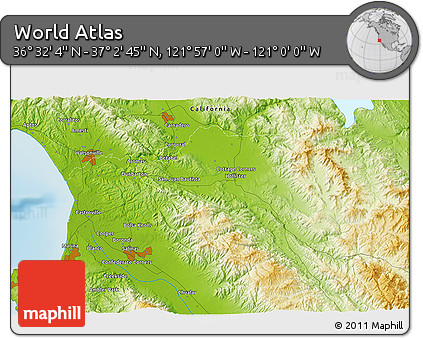 Physical 3D Map of the Area around 36° 47' 25" N, 121° 28' 29" W